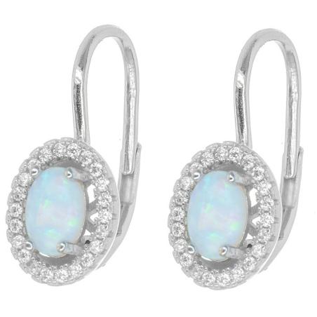 Stříbrné náušnice - bílý oválný syntetický opál, čiré kulaté zirkony | Argento.cz