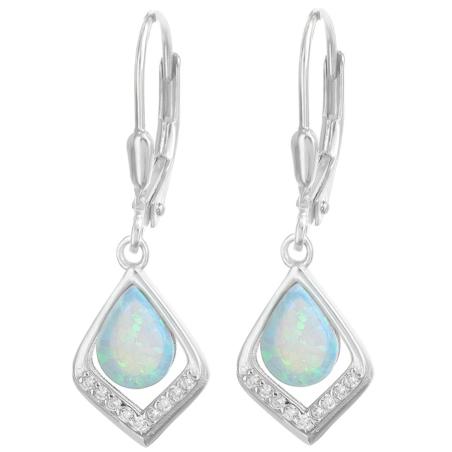 Stříbrné náušnice - bílý syntetický opál ve tvaru slzy, čirý kulatý zirkon | Argento.cz