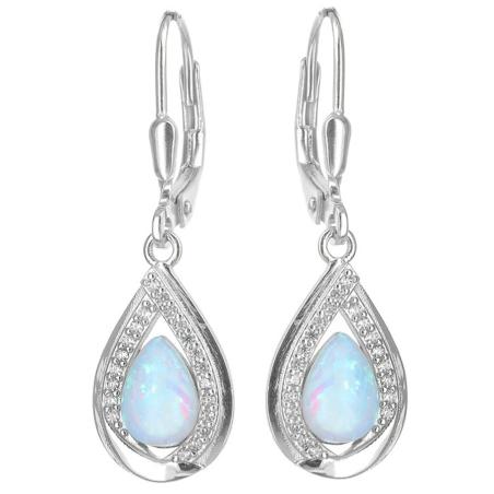 Stříbrné náušnice - bílý syntetický opál ve tvaru slzy, čiré kulaté zirkony | Argento.cz