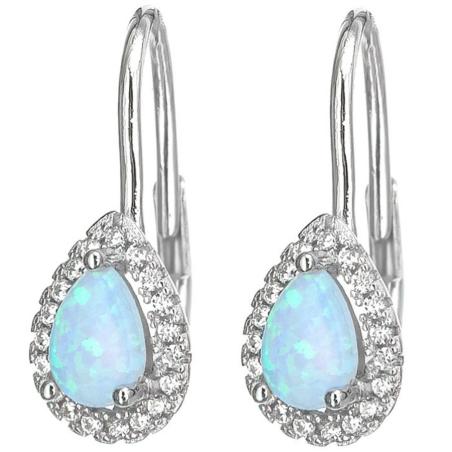 Stříbrné náušnice - bílý syntetický opál ve tvaru slzy, čiré kulaté zirkony | Argento.cz