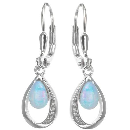 Stříbrné náušnice - bílý syntetický opál ve tvaru slzy, čiré kulaté zirkony | Argento.cz