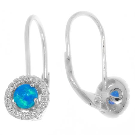 Stříbrné náušnice - modrý kulatý syntetický opál, čiré kulaté zirkony | Argento.cz