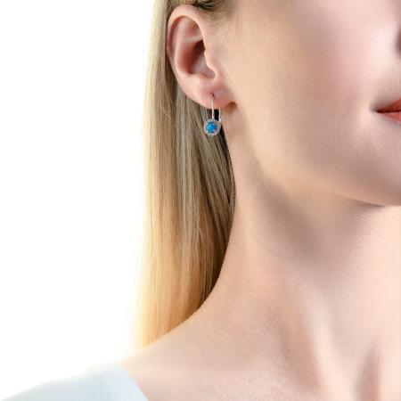 Stříbrné náušnice - modrý kulatý syntetický opál, čiré kulaté zirkony | Argento.cz