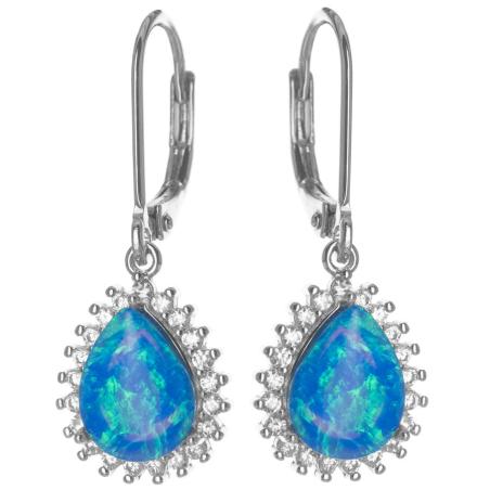 Stříbrné náušnice - modrý syntetický opál ve tvaru slzy, čiré kulaté zirkony | Argento.cz