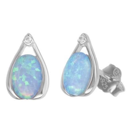 Stříbrné náušnice - modrý oválný syntetický opál, čirý kulatý zirkon | Argento.cz