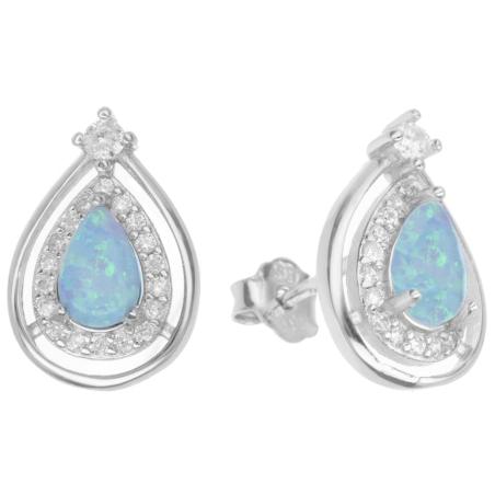 Stříbrné náušnice - bílý syntetický opál ve tvaru slzy, čiré kulaté zirkony | Argento.cz