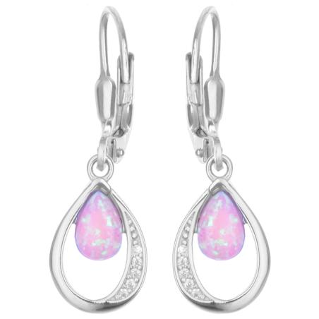 Stříbrné náušnice - syntetický opál ve tvaru slzy, čiré kulaté zirkony | Argento.cz