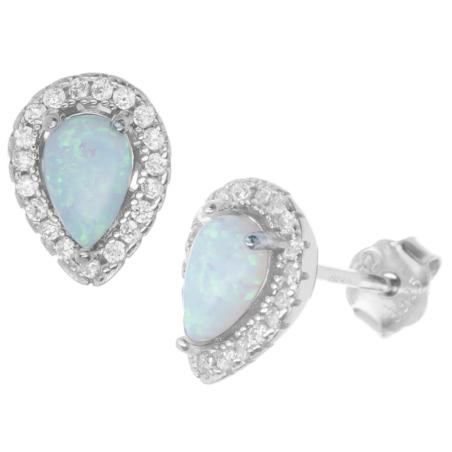 Stříbrné náušnice - bílý syntetický opál ve tvaru slzy, čiré kulaté zirkony | Argento.cz