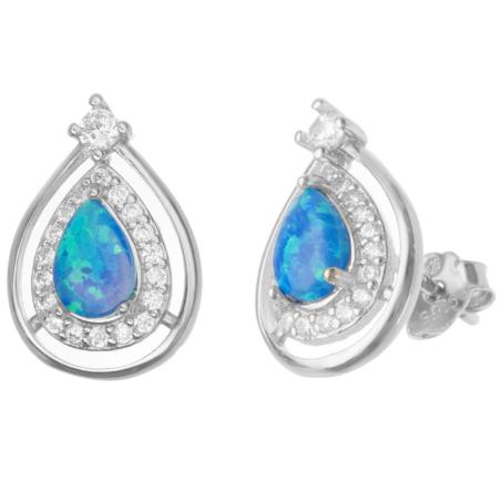 Stříbrné náušnice - modrý syntetický opál ve tvaru slzy, čiré kulaté zirkony | Argento.cz