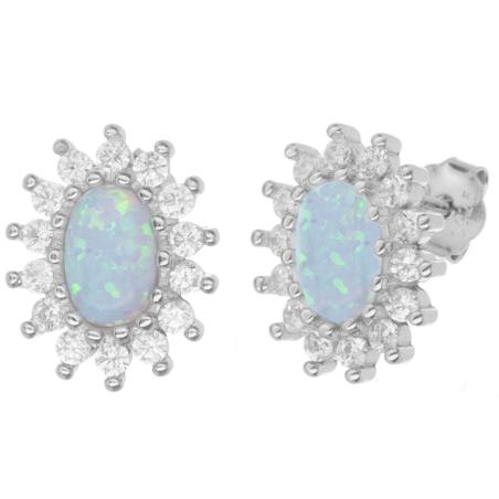 Stříbrné náušnice - bílý oválný syntetický opál, čiré kulaté zirkony | Argento.cz