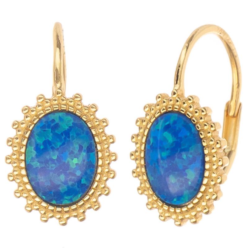 Pozlacené stříbrné náušnice - modrý oválný syntetický opál | Argento.cz