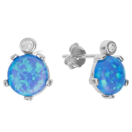 Stříbrné náušnice - modrý kulatý syntetický opál, čirý kulatý zirkon | Argento.cz