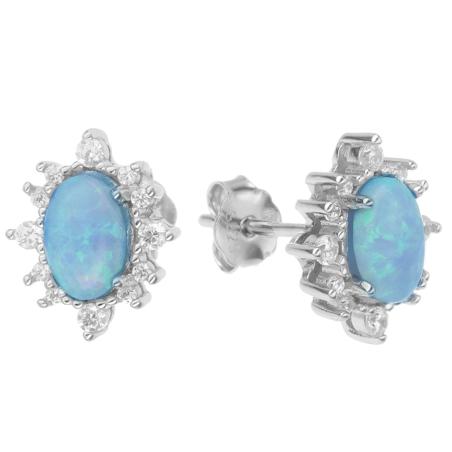 Stříbrné náušnice - modrý oválný syntetický opál, čiré kulaté zirkony | Argento.cz