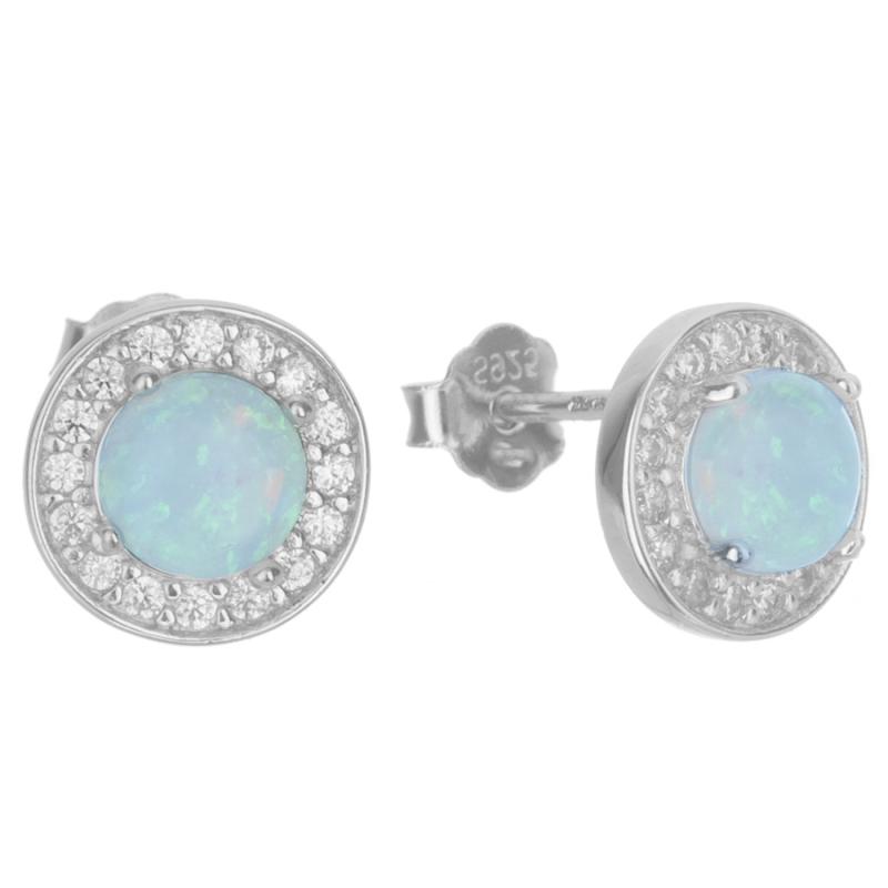 Stříbrné náušnice - bílý kulatý syntetický opál, čiré kulaté zirkony | Argento.cz
