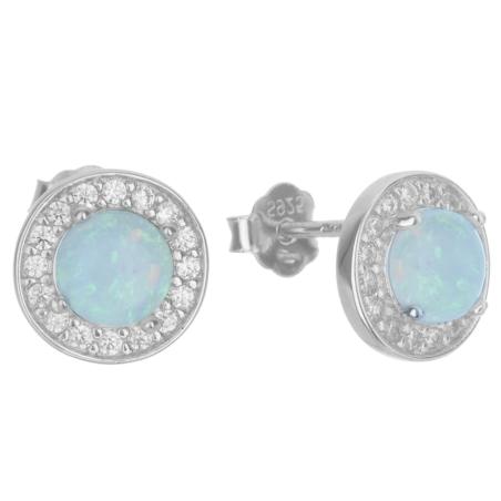 Stříbrné náušnice - bílý kulatý syntetický opál, čiré kulaté zirkony | Argento.cz