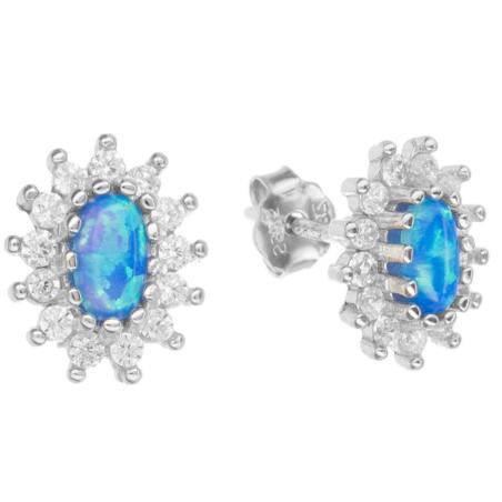 Stříbrné náušnice - modrý oválný syntetický opál, čiré kulaté zirkony | Argento.cz