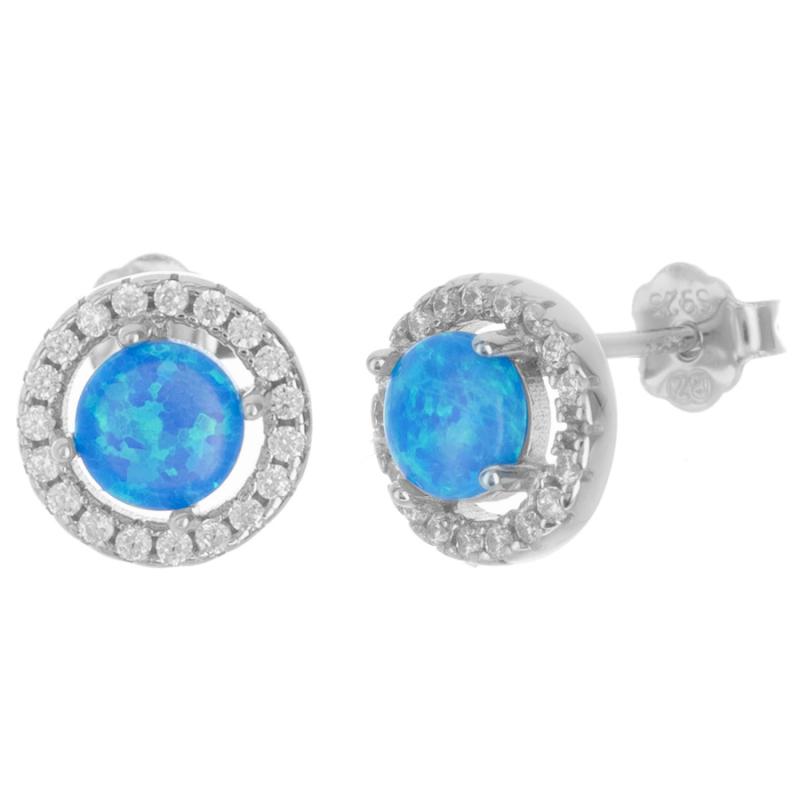 Pozlacené stříbrné náušnice - modrý kulatý syntetický opál, čiré kulaté zirkony | Argento.cz
