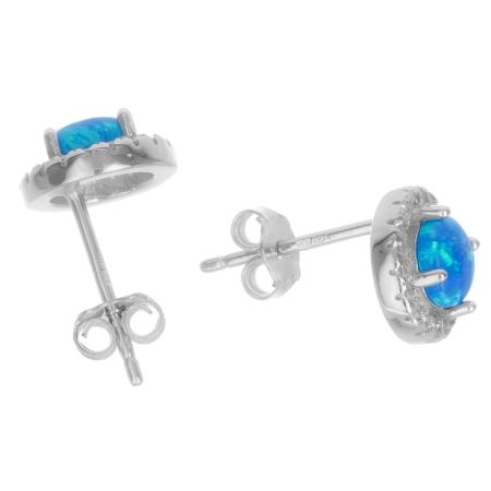 Pozlacené stříbrné náušnice - modrý kulatý syntetický opál, čiré kulaté zirkony | Argento.cz