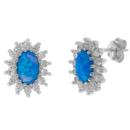 Stříbrné náušnice - modrý oválný syntetický opál, čiré kulaté zirkony | Argento.cz