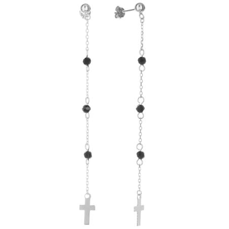 Stříbrné náušnice s řetízkem - křížek, černé zirkony ve tvaru kuličky | Argento.cz