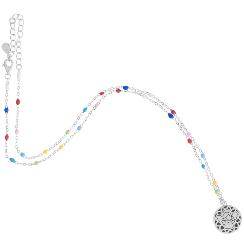Stříbrný náhrdelník - anděl, barevný plast ve tvaru kuličky, délka 38 až 43 cm | Argento.cz