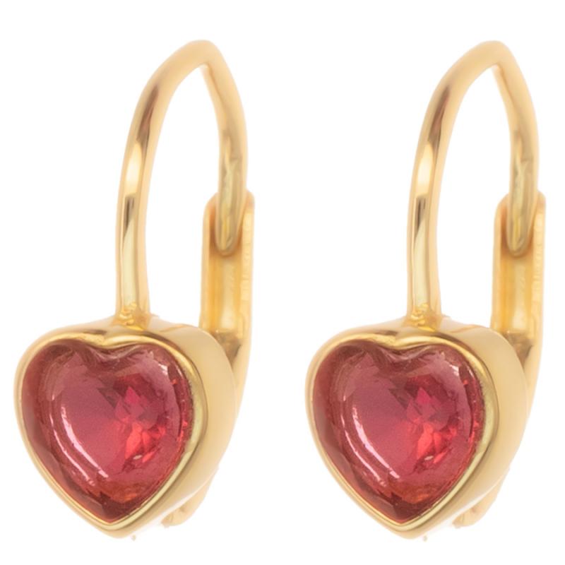 Pozlacené stříbrné náušnice - srdíčka, tmavě růžový zirkon ve tvaru srdíčka | Argento.cz