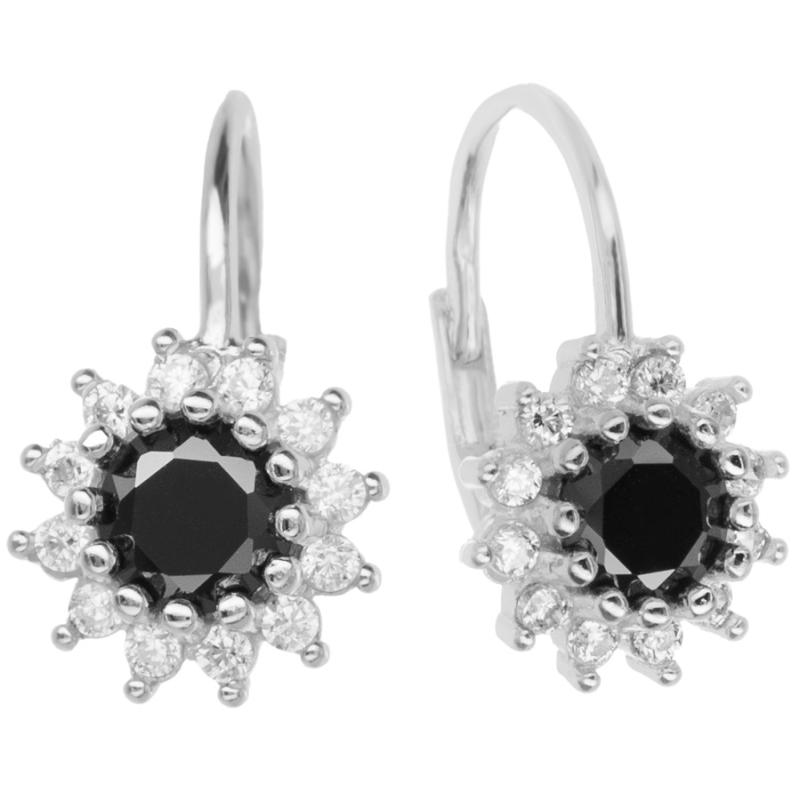 Stříbrné náušnice - černý kulatý zirkon, čiré kulaté zirkony | Argento.cz