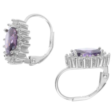 Stříbrné náušnice - fialový oválný zirkon, čiré kulaté zirkony | Argento.cz