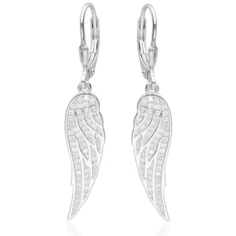 Stříbrné náušnice - andělské křídlo, čiré kulaté zirkony | Argento.cz