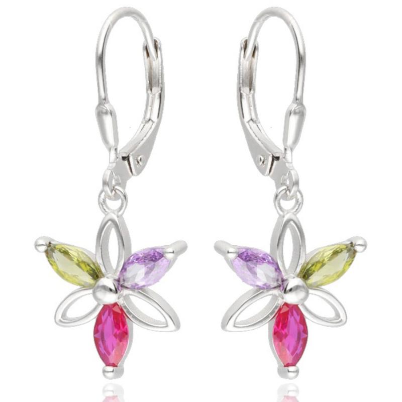 Stříbrné náušnice - kvítek, barevné zirkony ve tvaru zrnka | Argento.cz