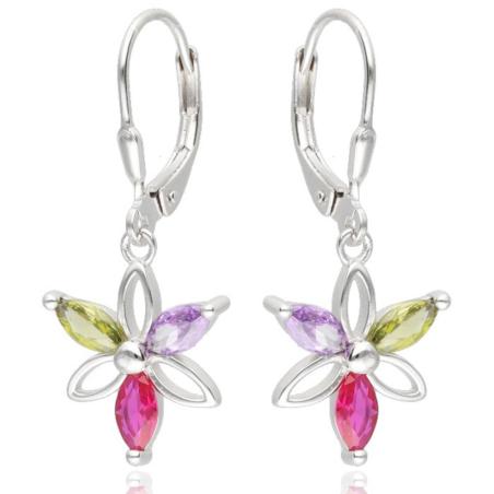 Stříbrné náušnice - kvítek, barevné zirkony ve tvaru zrnka | Argento.cz