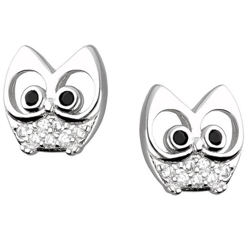 Stříbrné náušnice - sova, černé kulaté zirkony, čiré kulaté zirkony | Argento.cz
