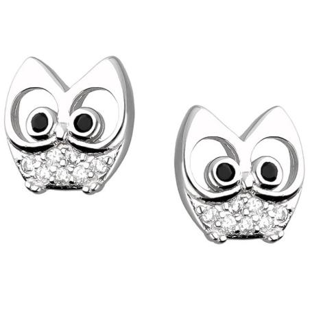 Stříbrné náušnice - sova, černé kulaté zirkony, čiré kulaté zirkony | Argento.cz