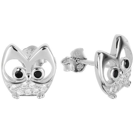 Stříbrné náušnice - sova, černé kulaté zirkony, čiré kulaté zirkony | Argento.cz
