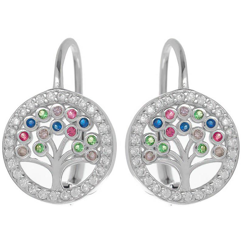 Stříbrné náušnice - strom života, barevné kulaté zirkony, čiré kulaté zirkony | Argento.cz