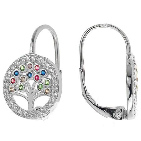 Stříbrné náušnice - strom života, barevné kulaté zirkony, čiré kulaté zirkony | Argento.cz