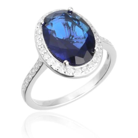 Stříbrný prsten - modrý oválný zirkon, čiré kulaté zirkony | Argento.cz
