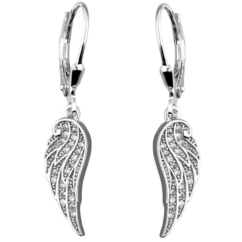 Stříbrné náušnice - andělské křídlo, čiré kulaté zirkony | Argento.cz