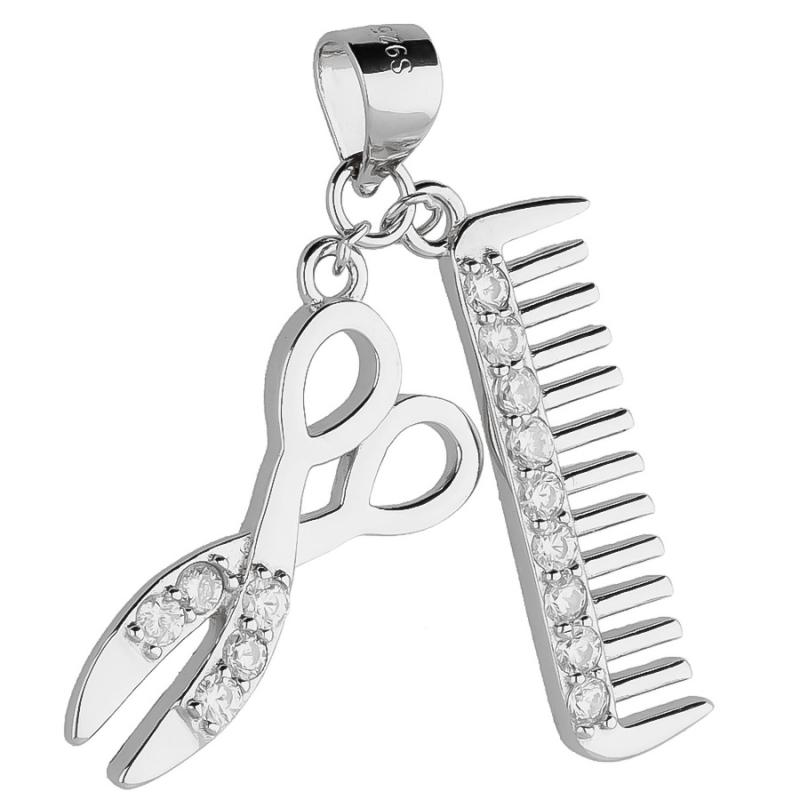 Stříbrný přívěsek - nůžky, hřeben, čiré kulaté zirkony | Argento.cz