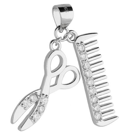 Stříbrný přívěsek - nůžky, hřeben, čiré kulaté zirkony | Argento.cz