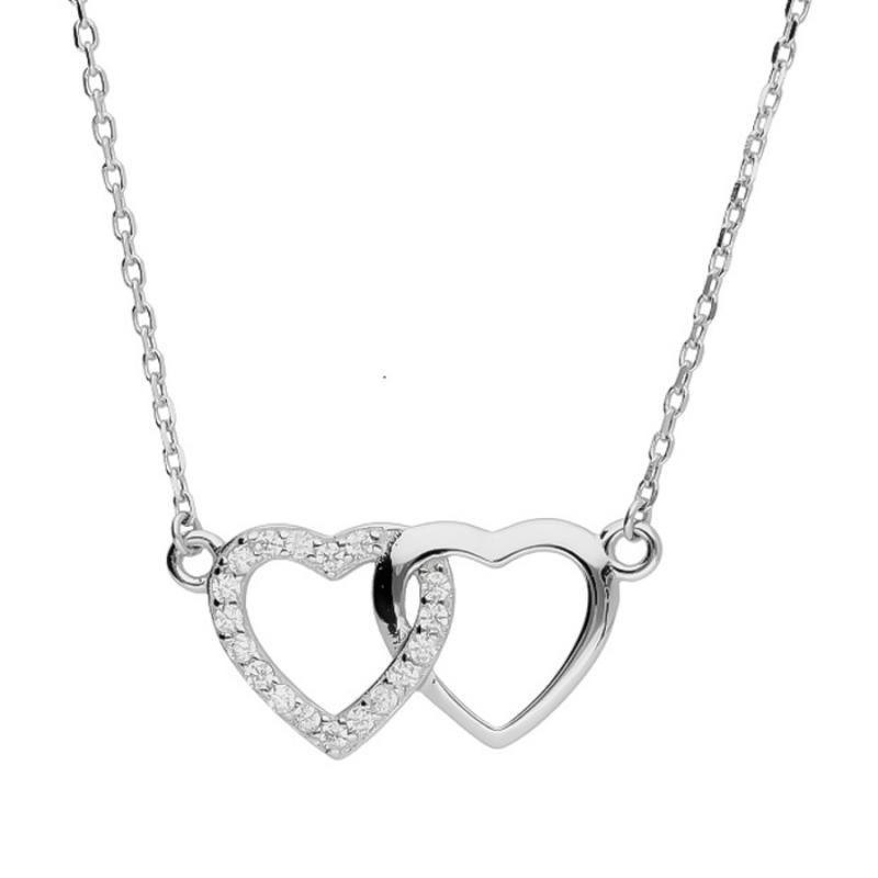 Stříbrný náhrdelník - srdíčko, čiré kulaté zirkony, délka 43 až 46 cm | Argento.cz