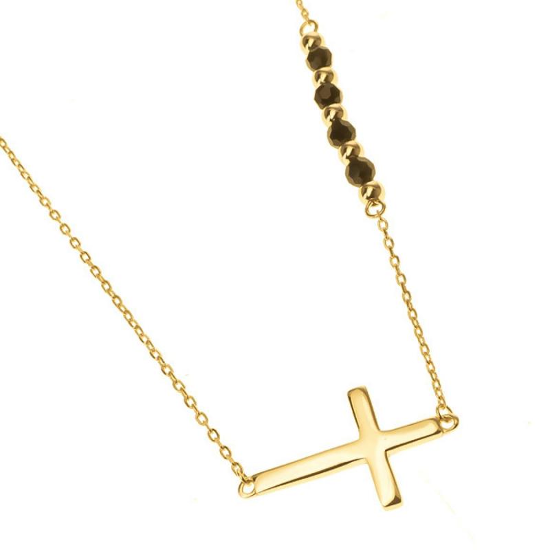 Pozlacený stříbrný náhrdelník - křížek, černé zirkony ve tvaru kuličky, délka 43 až 46 cm | Argento.cz