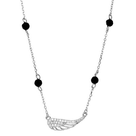 Stříbrný náhrdelník - andělské křídlo, černé zirkony ve tvaru kuličky, čiré kulaté zirkony, délka 43 až 46 cm | Argento.cz