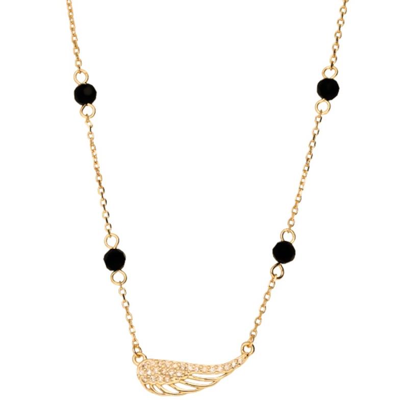 Pozlacený stříbrný náhrdelník - andělské křídlo, černé zirkony ve tvaru kuličky, čiré kulaté zirkony, délka 42 až 45 cm | Argent