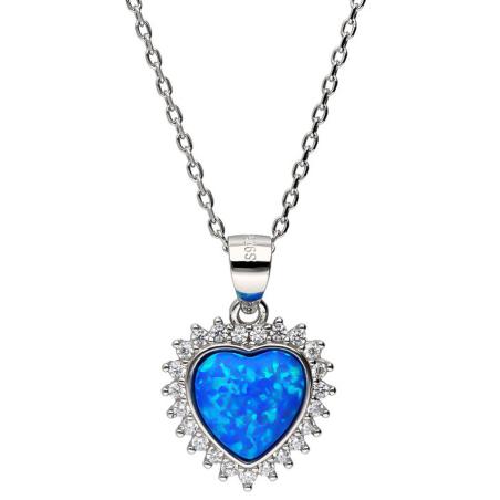 Stříbrný náhrdelník - srdíčko, modrý syntetický opál ve tvaru srdíčka, čiré kulaté zirkony, délka 43 až 46 cm | Argento.cz