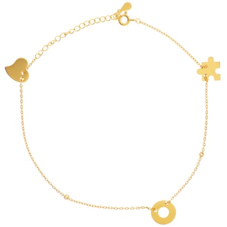 Pozlacený stříbrný náramek na nohu - srdíčko, kruh, puzzle, délka 22 až 26 cm | Argento.cz