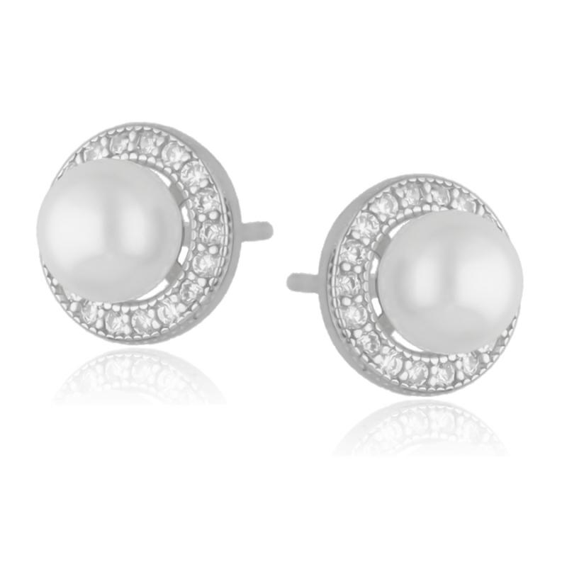 Stříbrné náušnice - kulky, bílá syntetická perla ve tvaru kuličky, čiré kulaté zirkony | Argento.cz