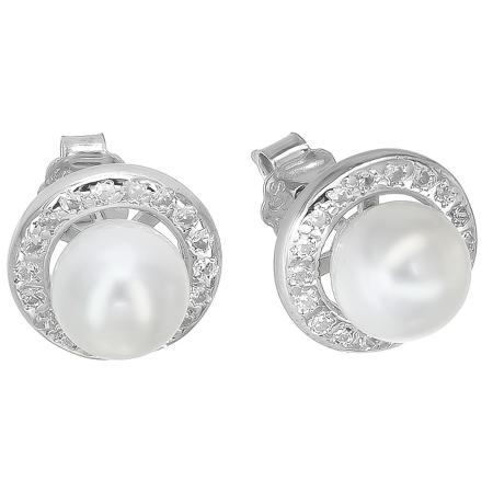 Stříbrné náušnice - kulky, bílá syntetická perla ve tvaru kuličky, čiré kulaté zirkony | Argento.cz