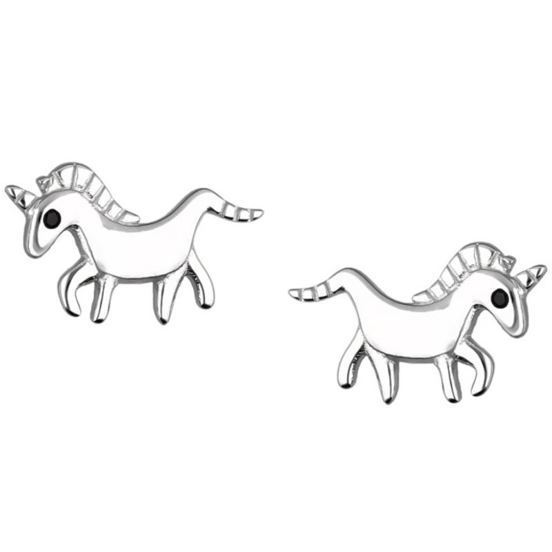 Stříbrné náušnice - jednorožec, černý kulatý zirkon | Argento.cz