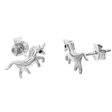 Stříbrné náušnice - jednorožec, černý kulatý zirkon | Argento.cz